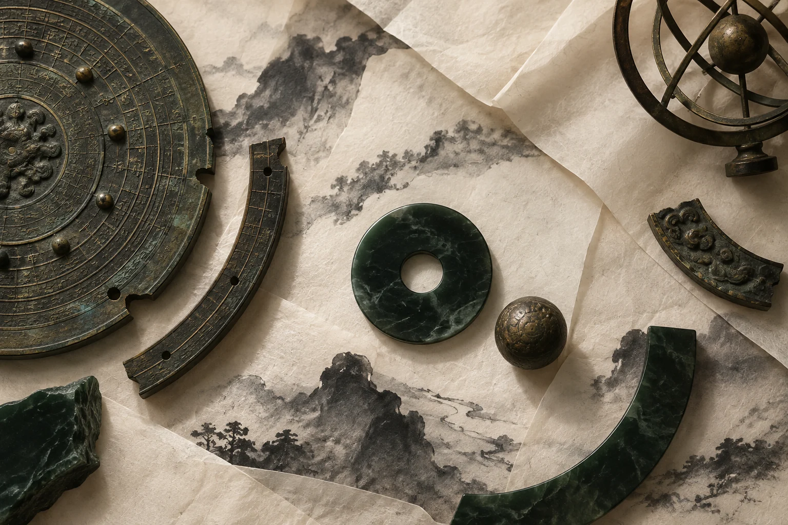 An original still-life artwork of jade, bronze fragments and rice-paper landscapes