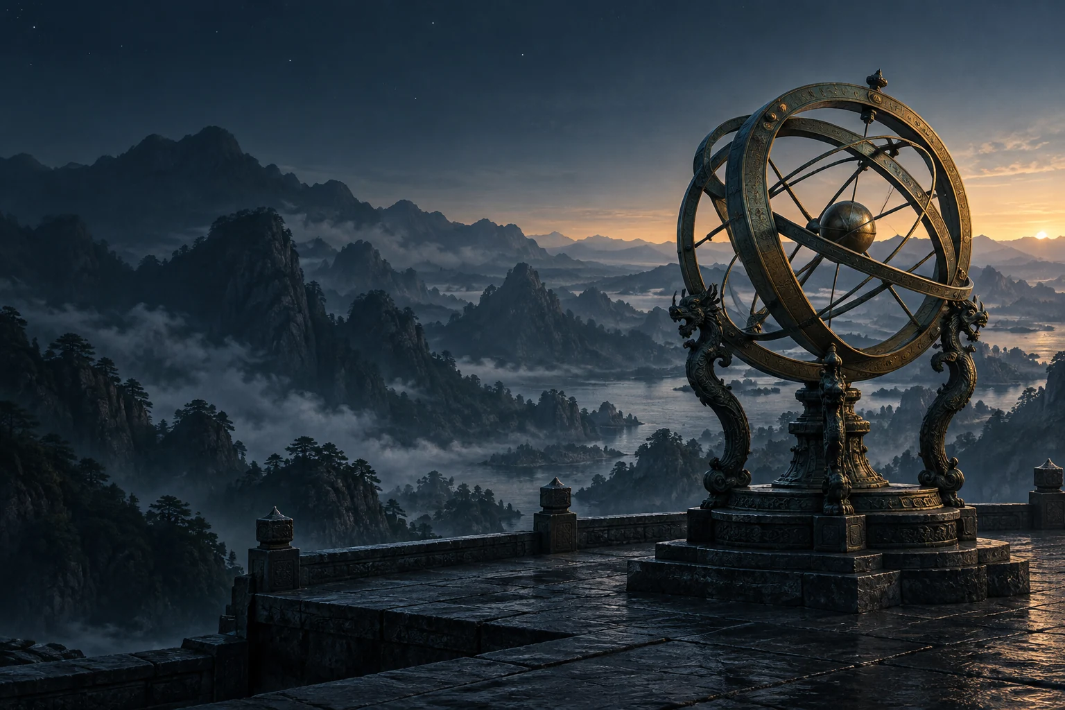 An original artwork of a bronze armillary sphere above mist-covered mountains at dawn